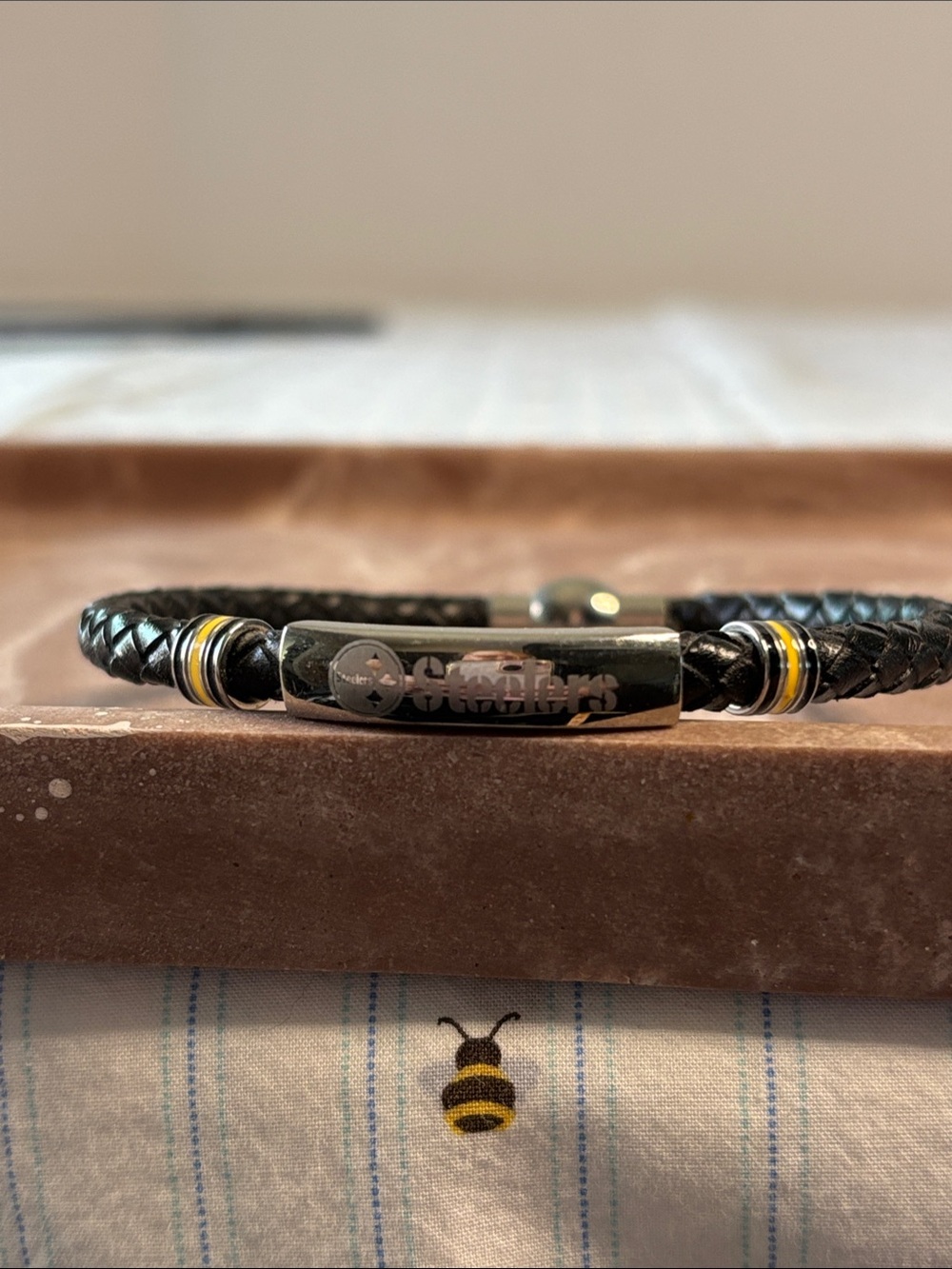 Black Braided SteelersLeather Men's Bracelet with Steel Plate Logo
